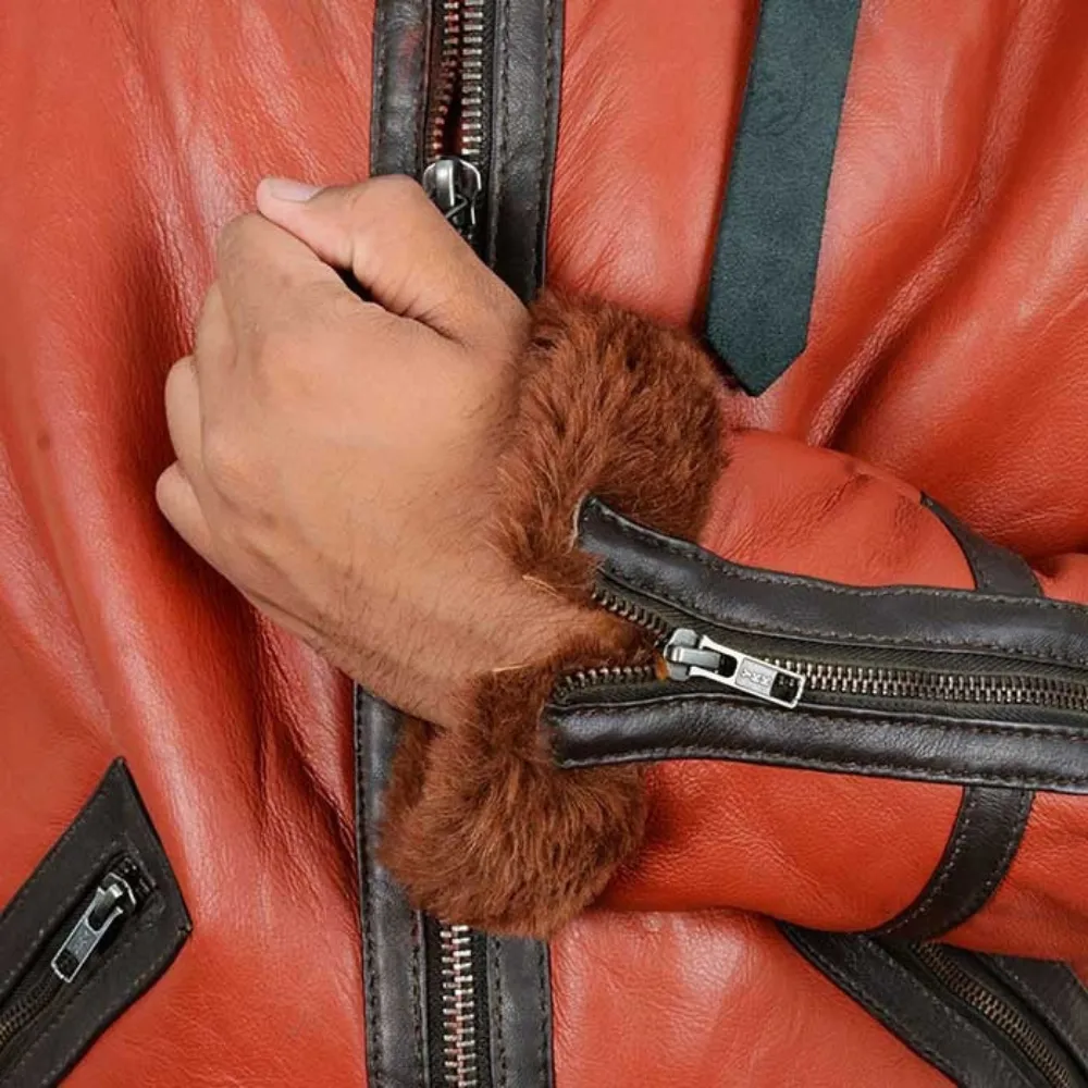 Men's Orange Leather Brown Shearling Aviator Jacket