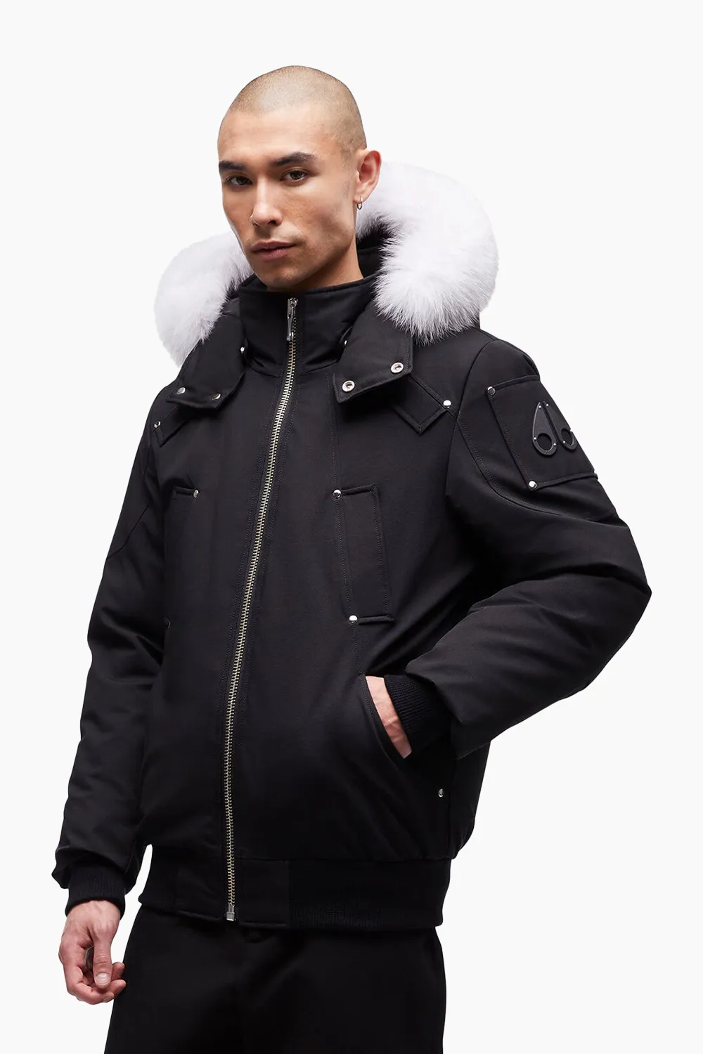 Moose Knuckles Men's Ballistic Bomber in Black with Natural Fur