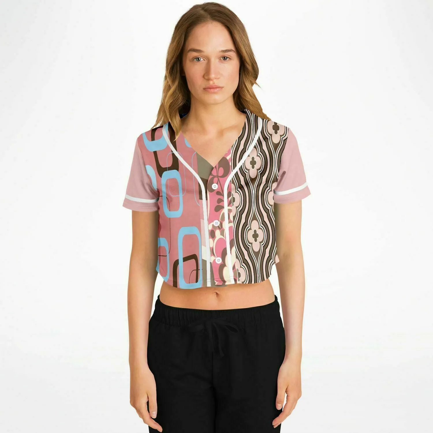 Pink Geo Patchwork Cropped Button Front Jersey