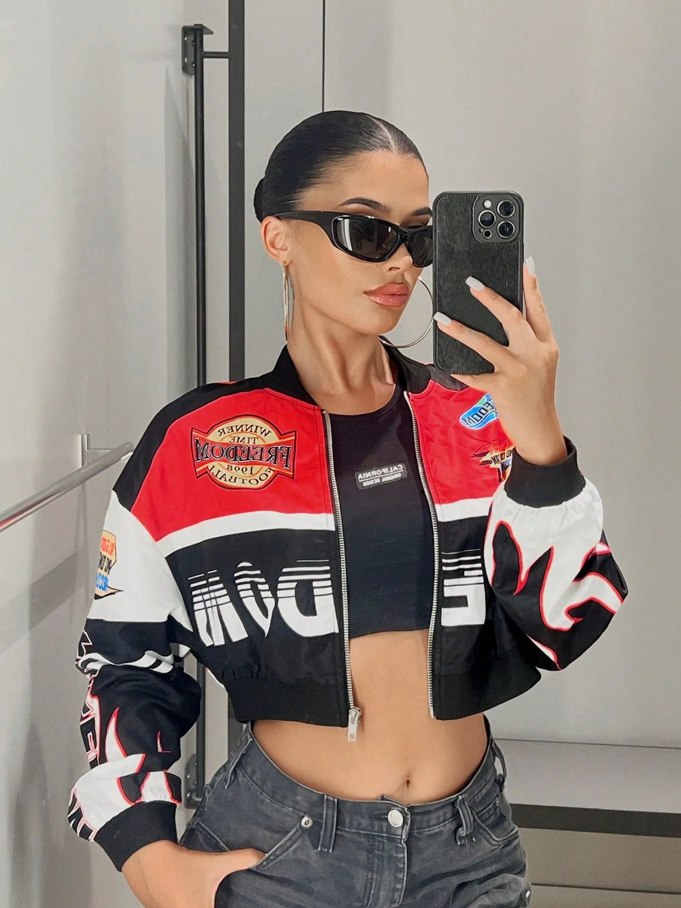 Racer Colorblock Crop Bomber Jacket