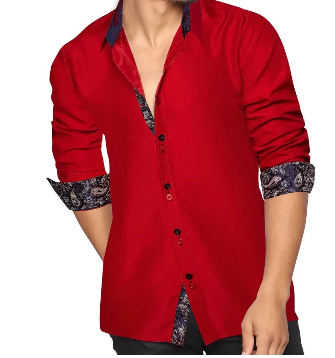 Red Mens's Shirt with contrast colored buttons unique cuffs design -CY-2201