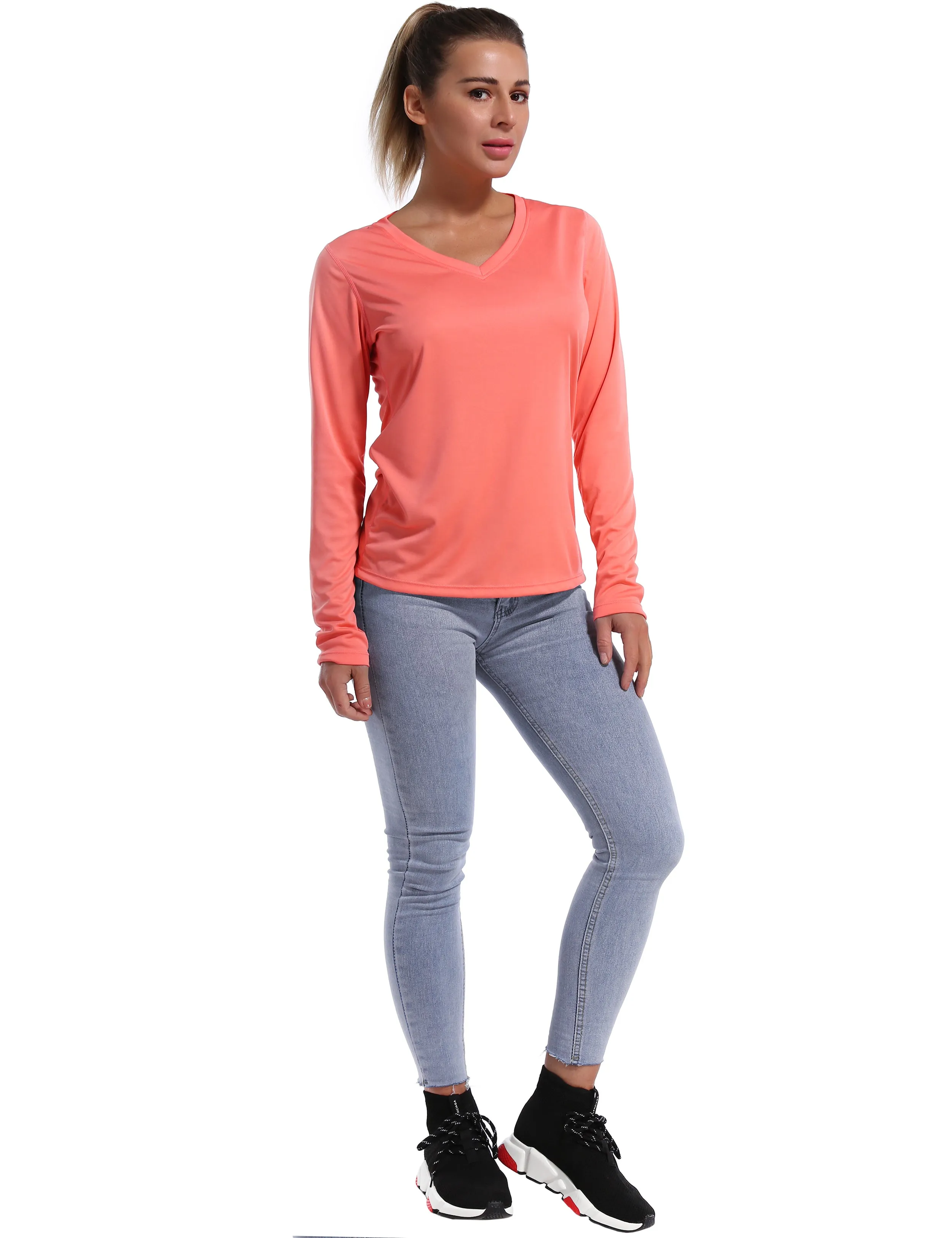 V Neck Long Sleeve Athletic Shirts coral