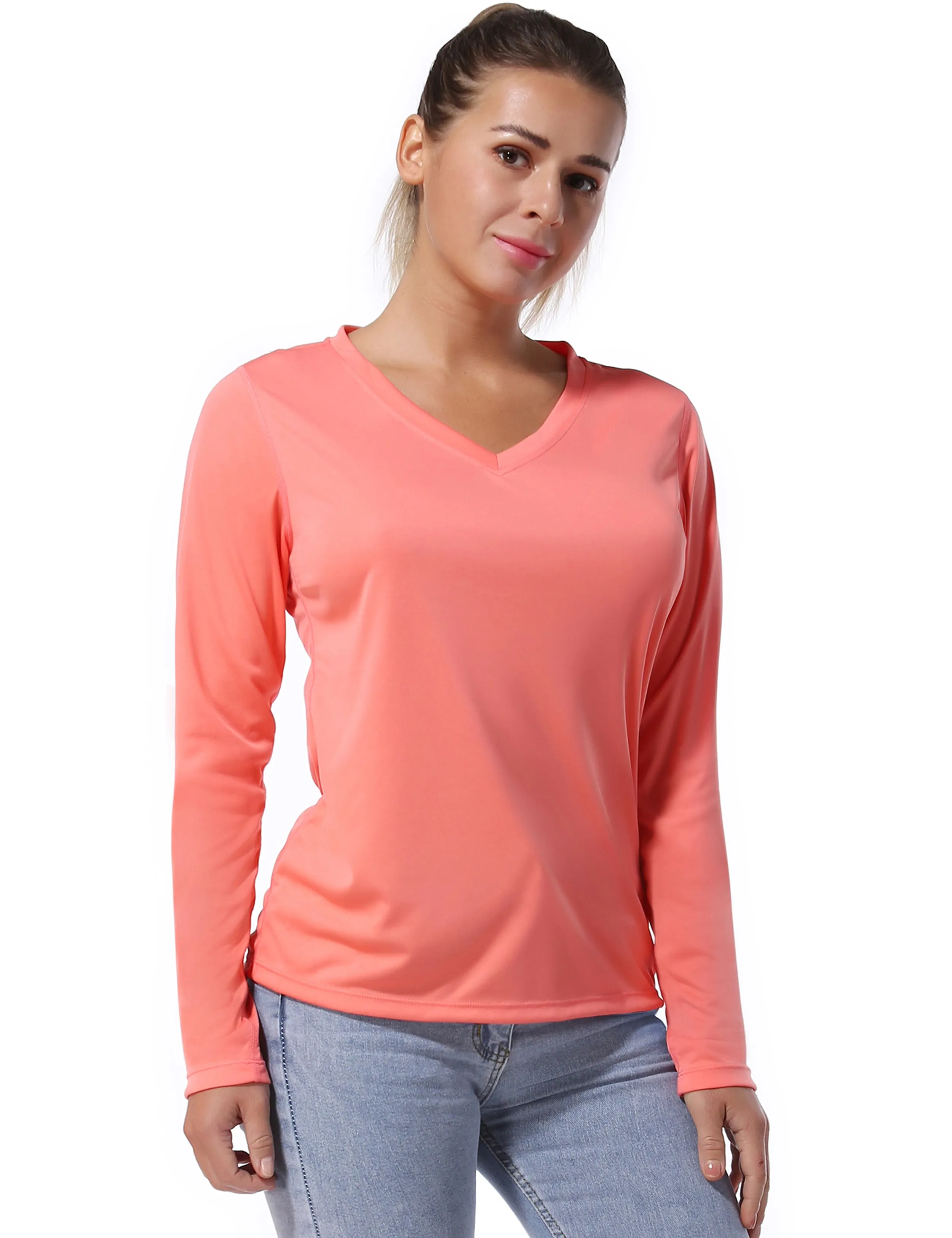 V Neck Long Sleeve Athletic Shirts coral