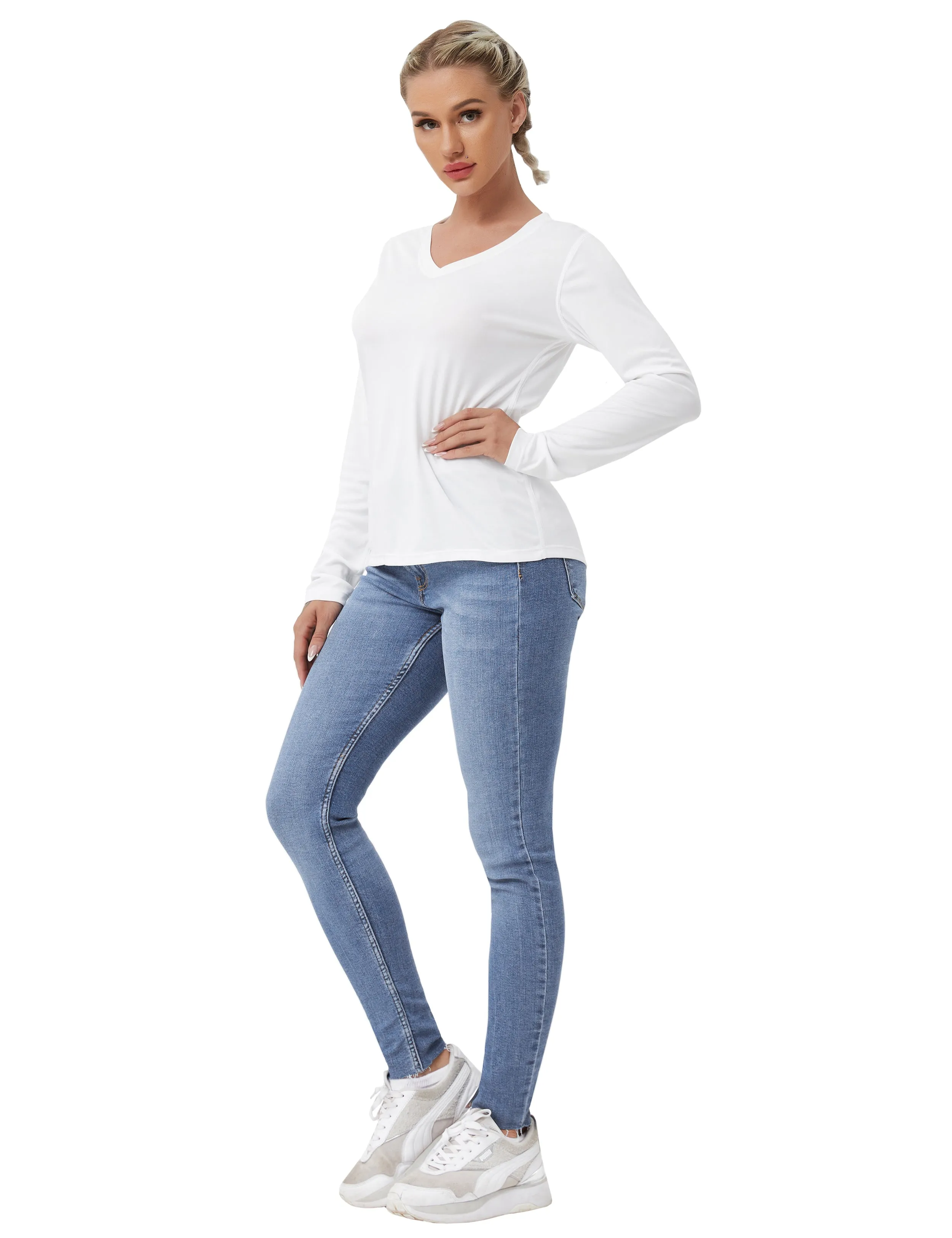 V Neck Long Sleeve Athletic Shirts white