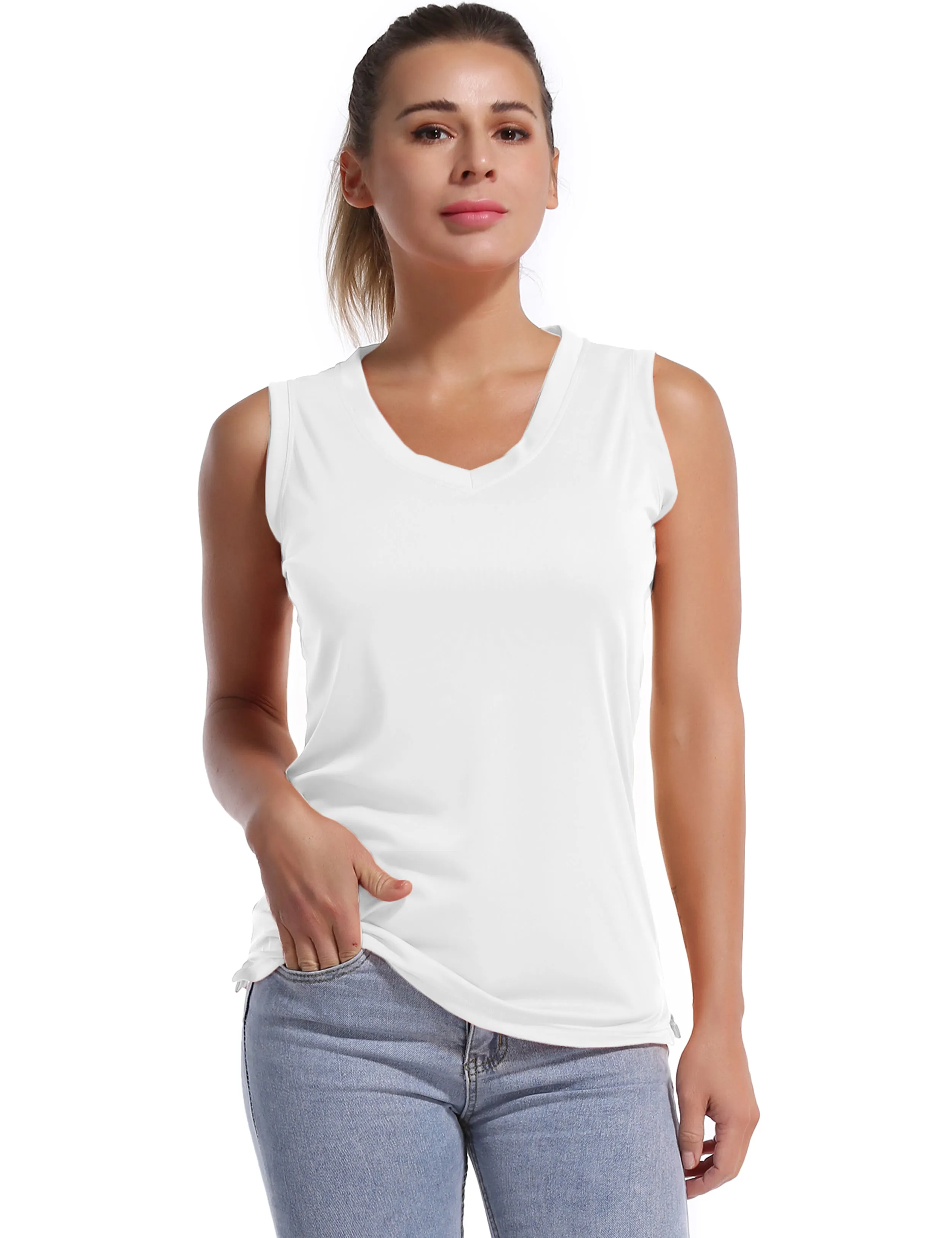 V Neck Sleeveless Athletic Shirts white_yogastudio