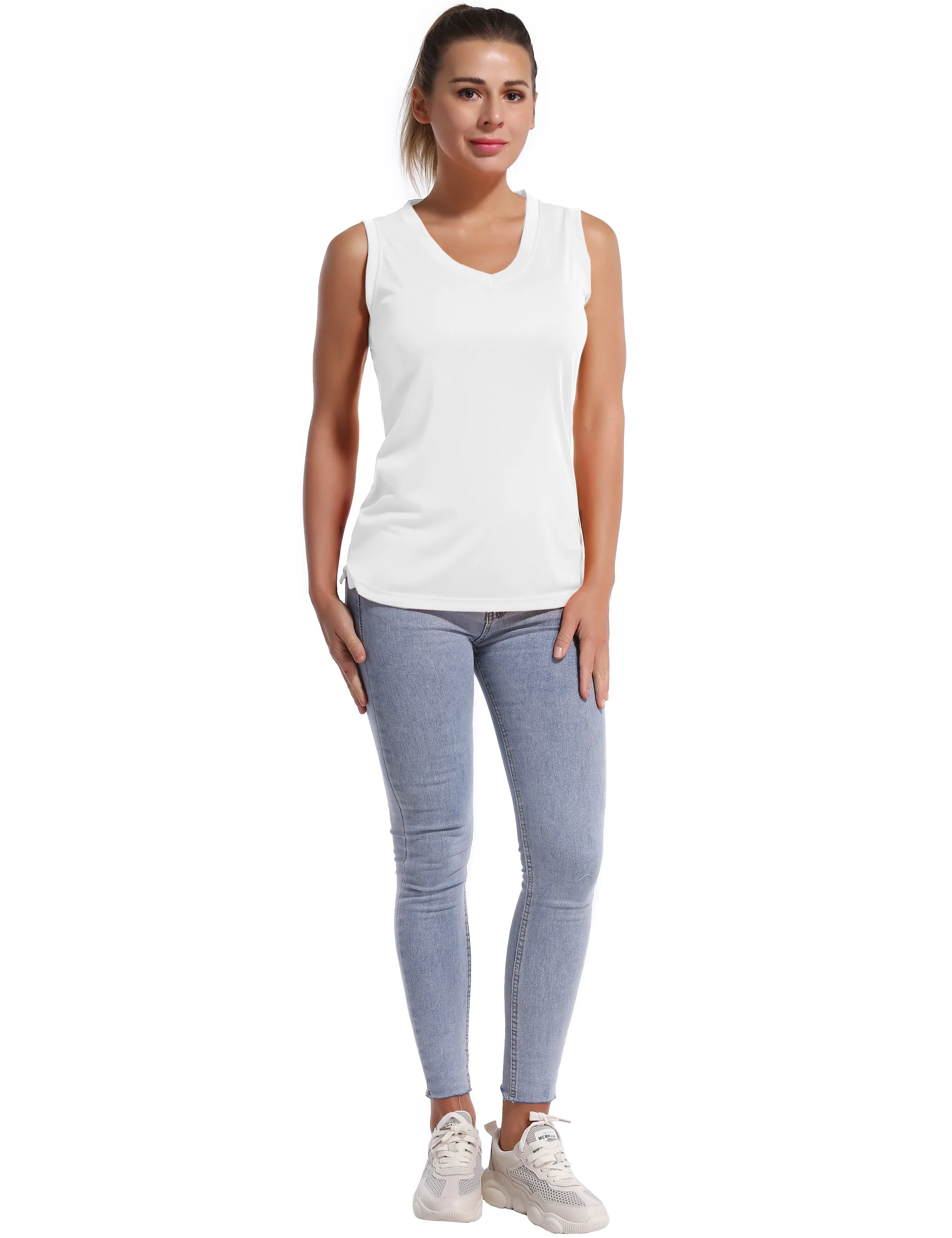 V Neck Sleeveless Athletic Shirts white_yogastudio