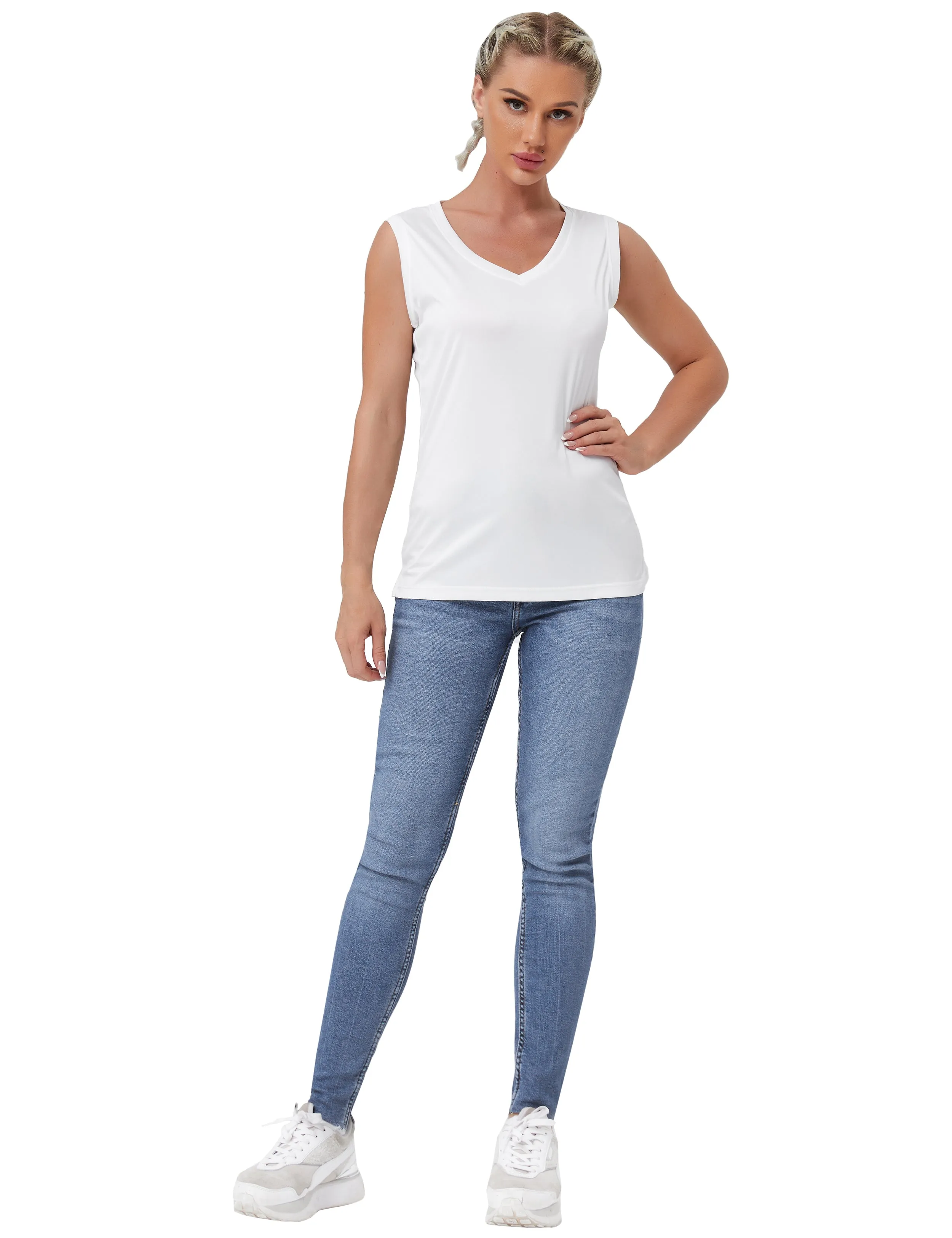 V Neck Sleeveless Athletic Shirts white_yogastudio