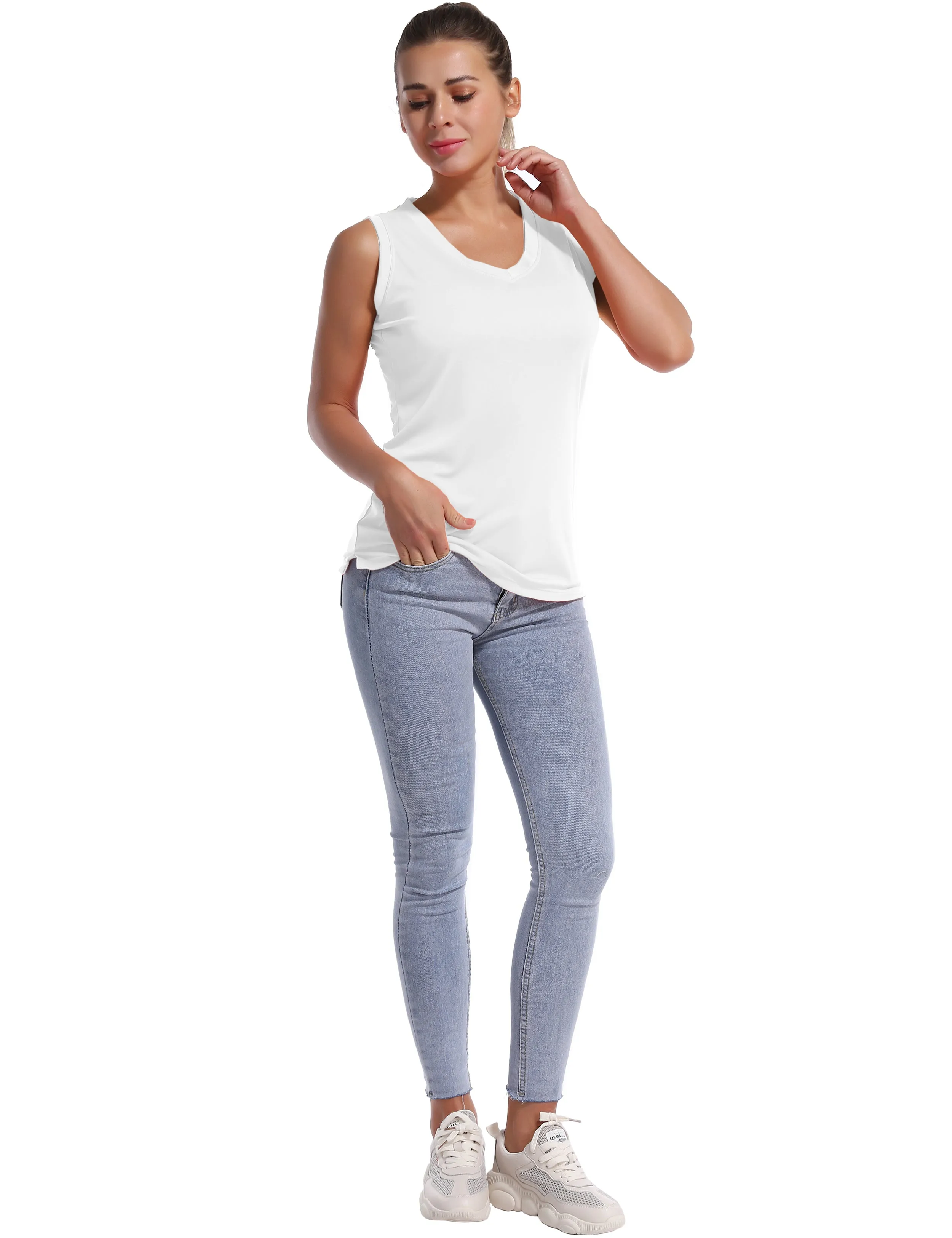 V Neck Sleeveless Athletic Shirts white_yogastudio