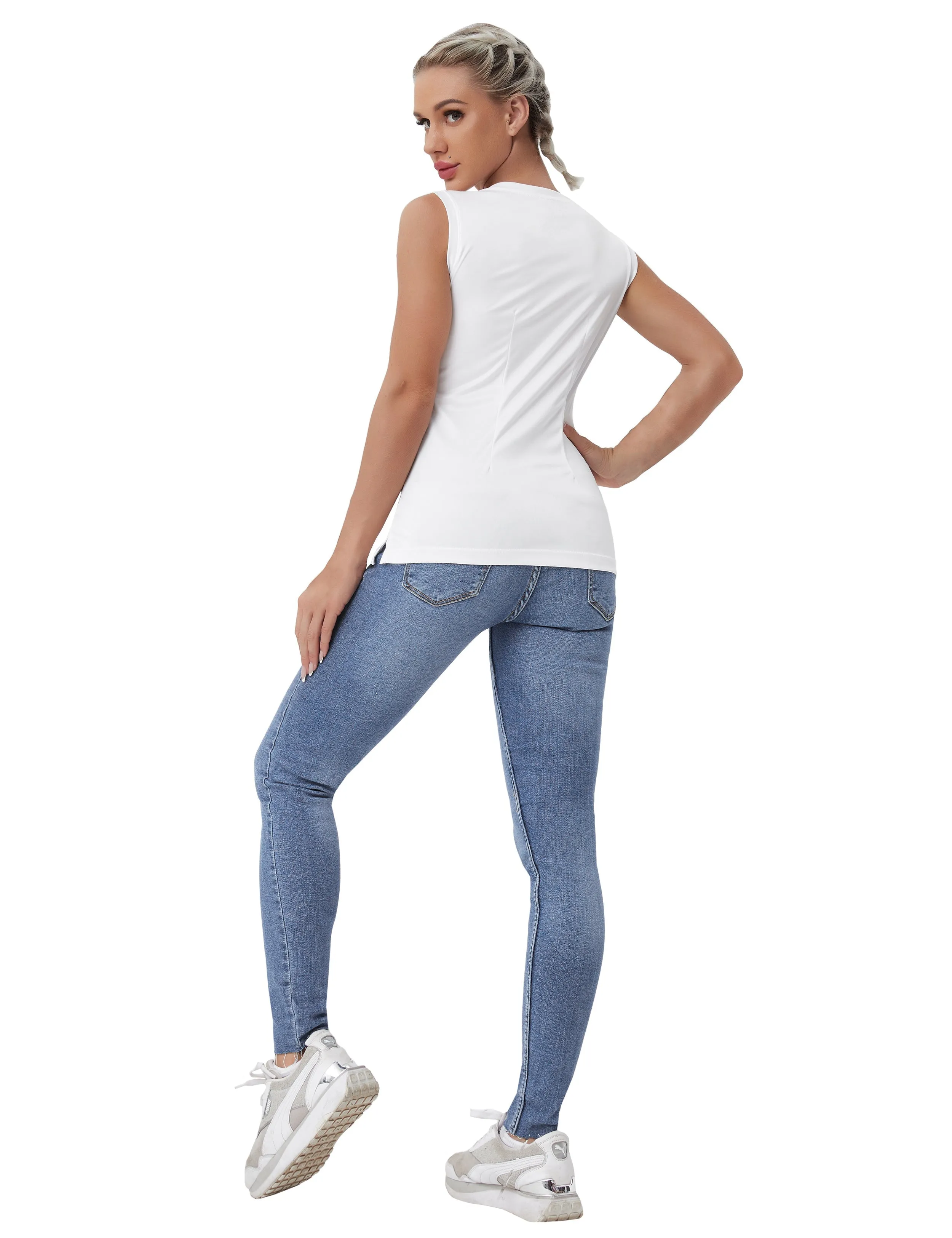 V Neck Sleeveless Athletic Shirts white_yogastudio