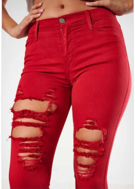 Vibrant Raw Edges Skinny Jeans (Red) P1213