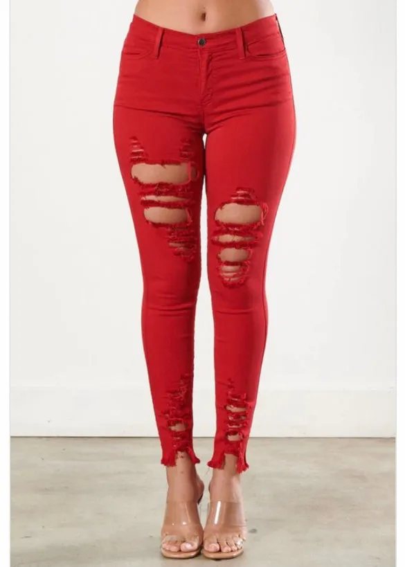 Vibrant Raw Edges Skinny Jeans (Red) P1213