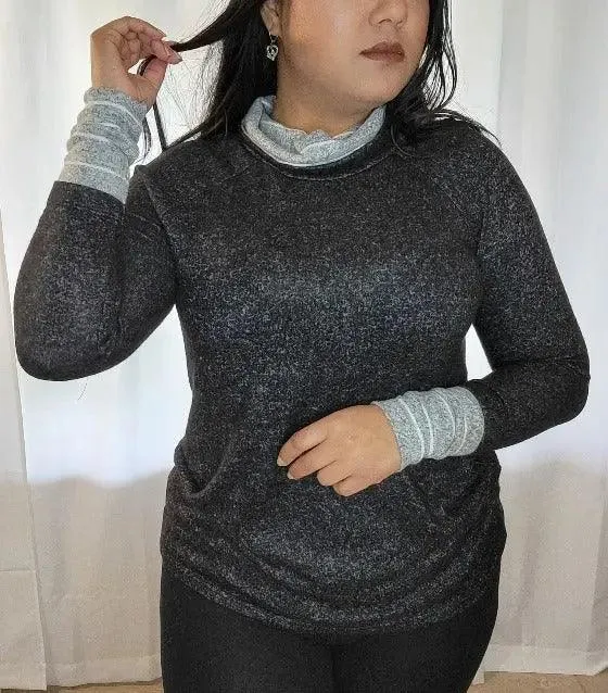 Women's Charcoal Sweater | Two tone Long Sleeves Jewel's Neck